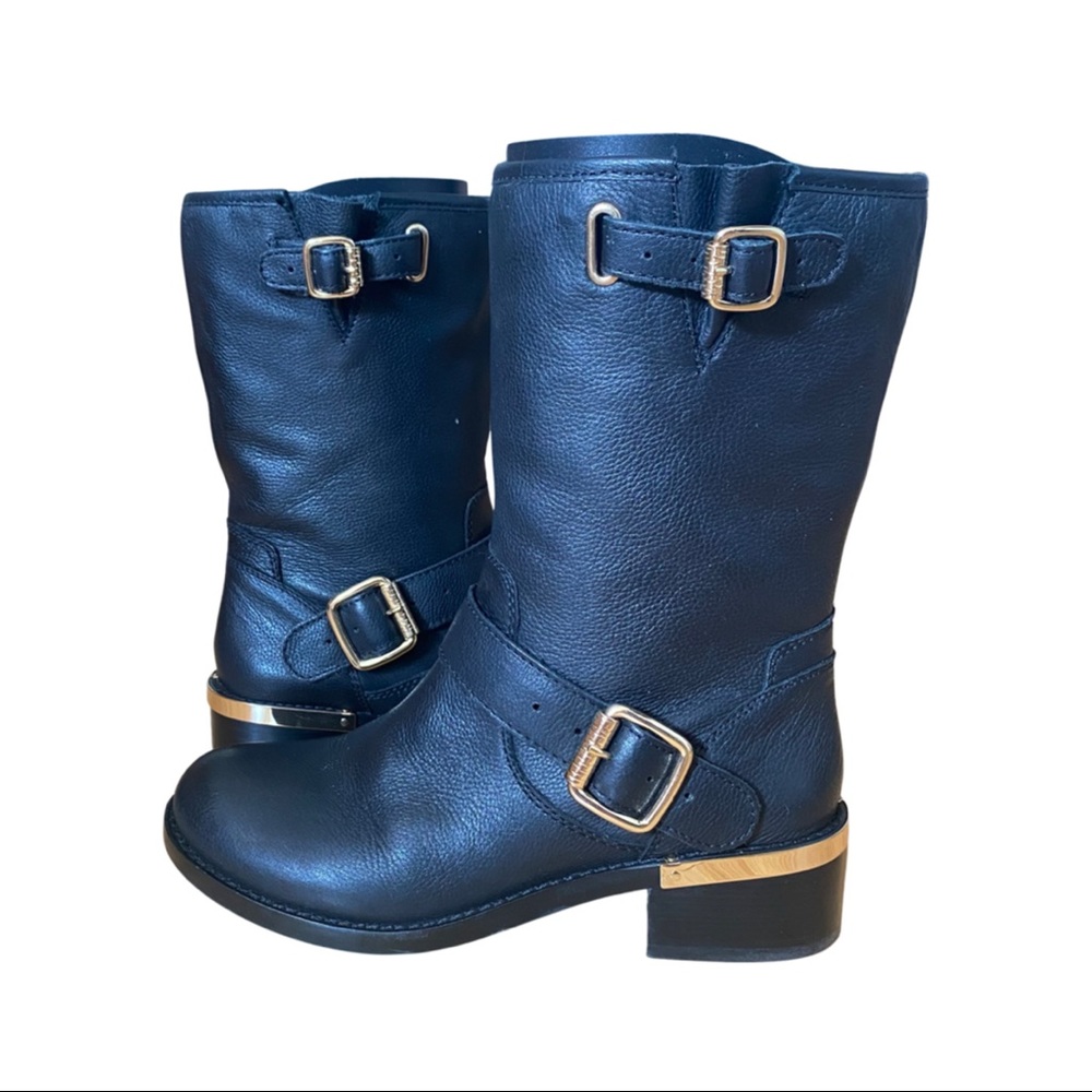 Vince Camuto Wendeema Black Leather Mid-Calf Moto Boot